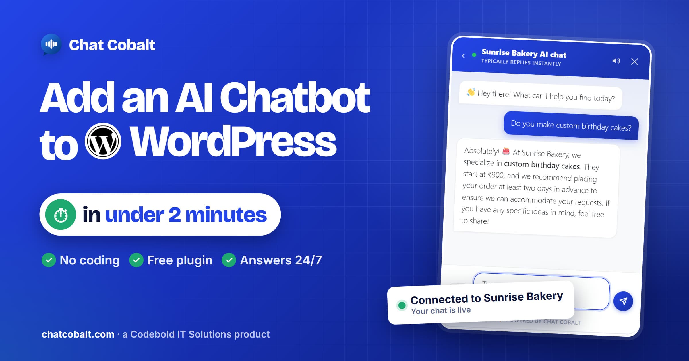 Add an AI chatbot to WordPress in under 2 minutes: a Chat Cobalt chat window answering a bakery customer's question about birthday cakes